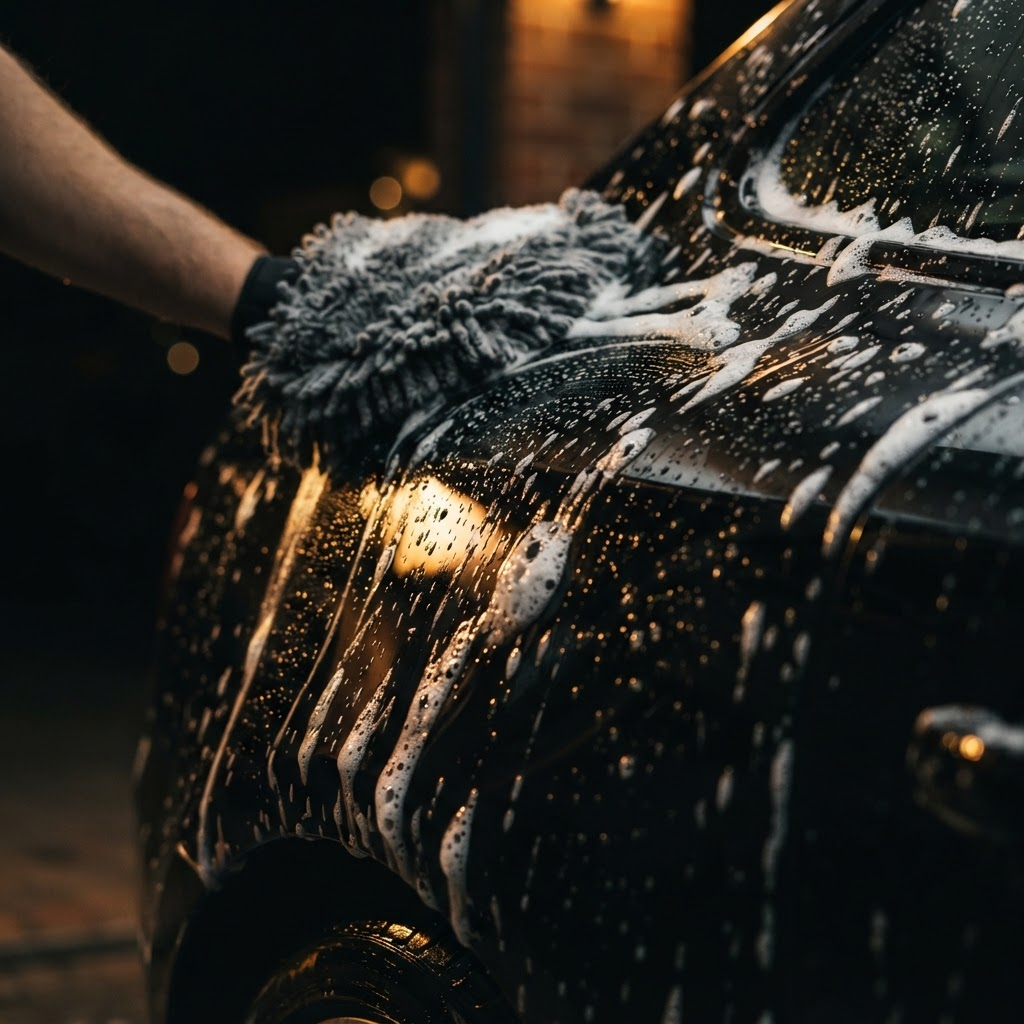 Close-up of a glossy black car being professionally detailed