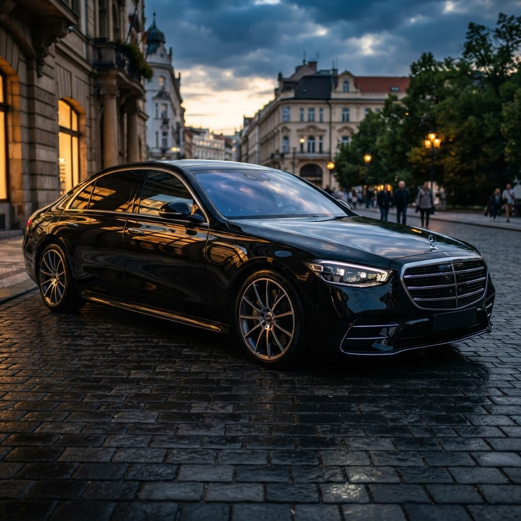 Detailed black luxury sedan with mirror finish