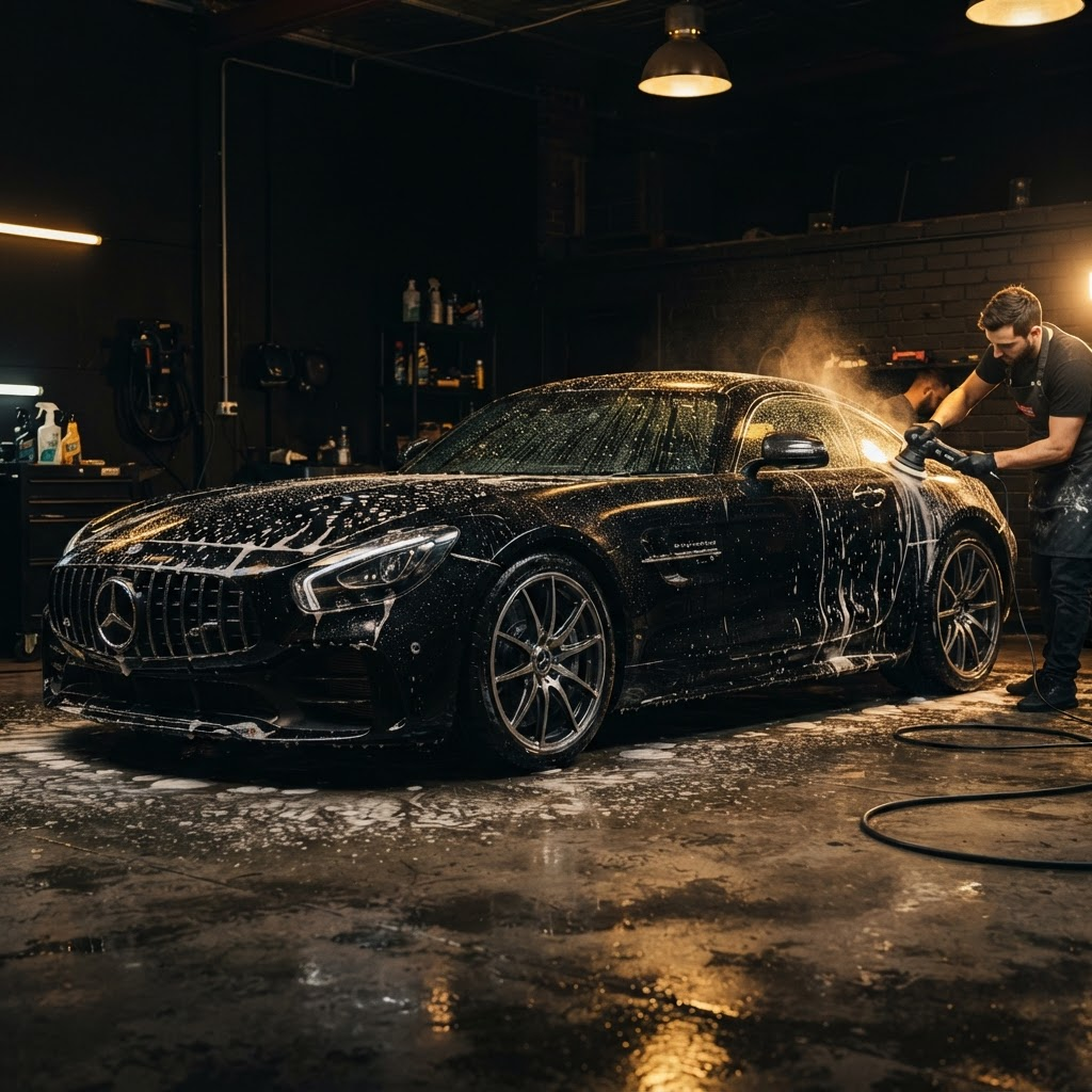 Glossy black luxury car being professionally detailed